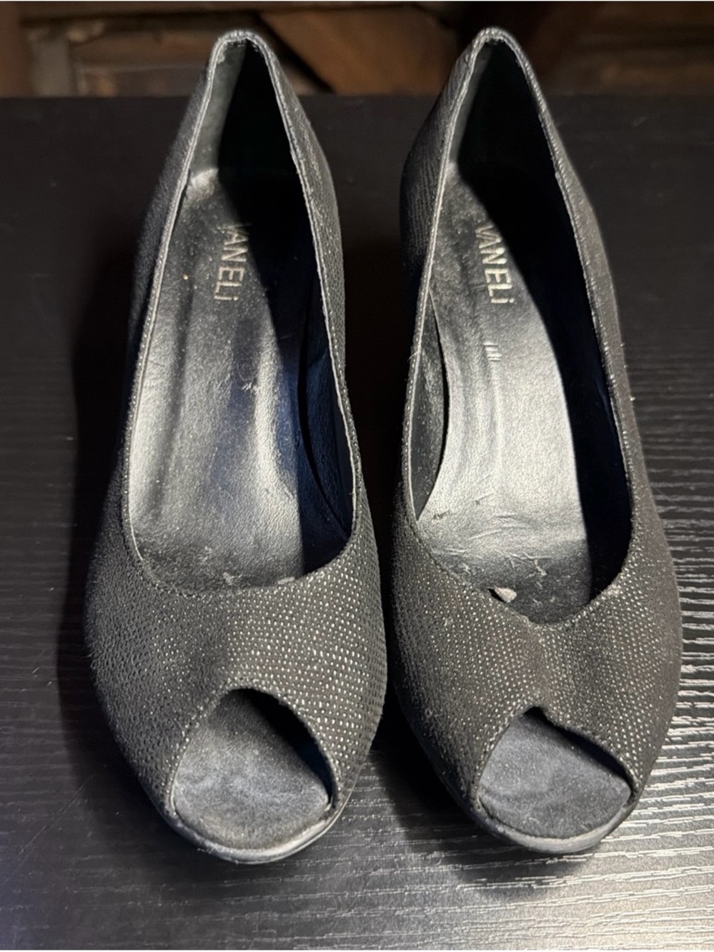 Vaneli Black Peep-Toe Sparkle Dress Heels